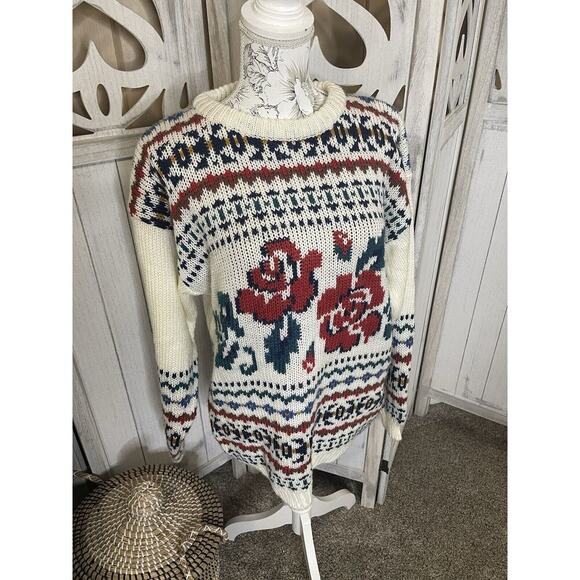Vintage Changes Womens White Rose Floral Knit Nordic Pullover Sweater Medium - Picture 1 of 7